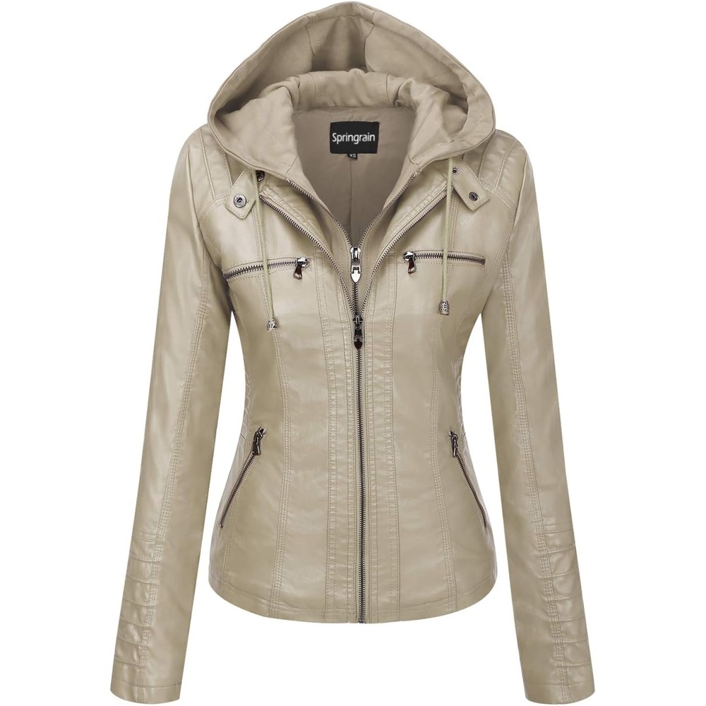 image:imageSpringrain Womens Faux Leather Jacket Moto Biker Coat for Fall and WinterApricot