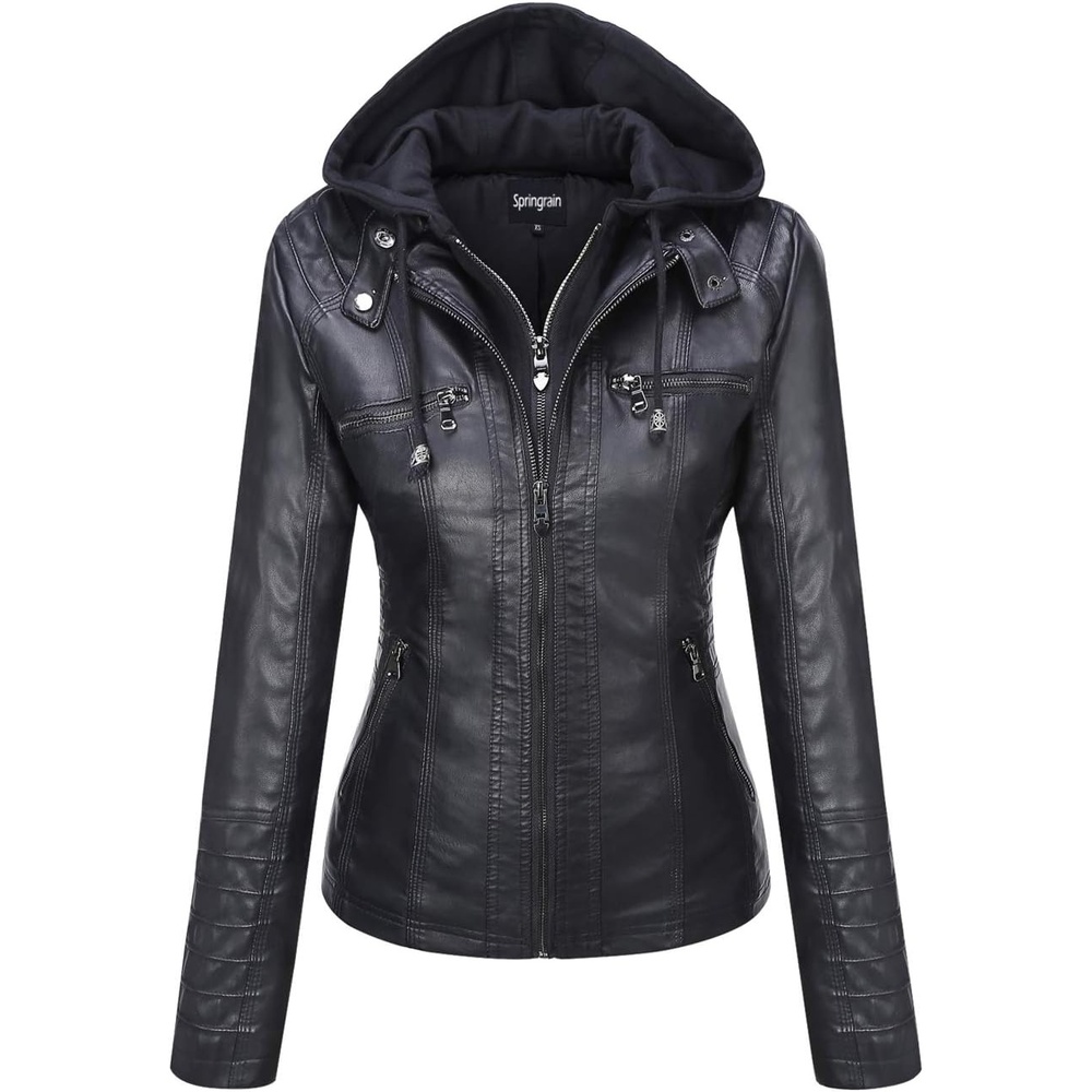 image:imageSpringrain Womens Faux Leather Jacket Moto Biker Coat for Fall and WinterBlack