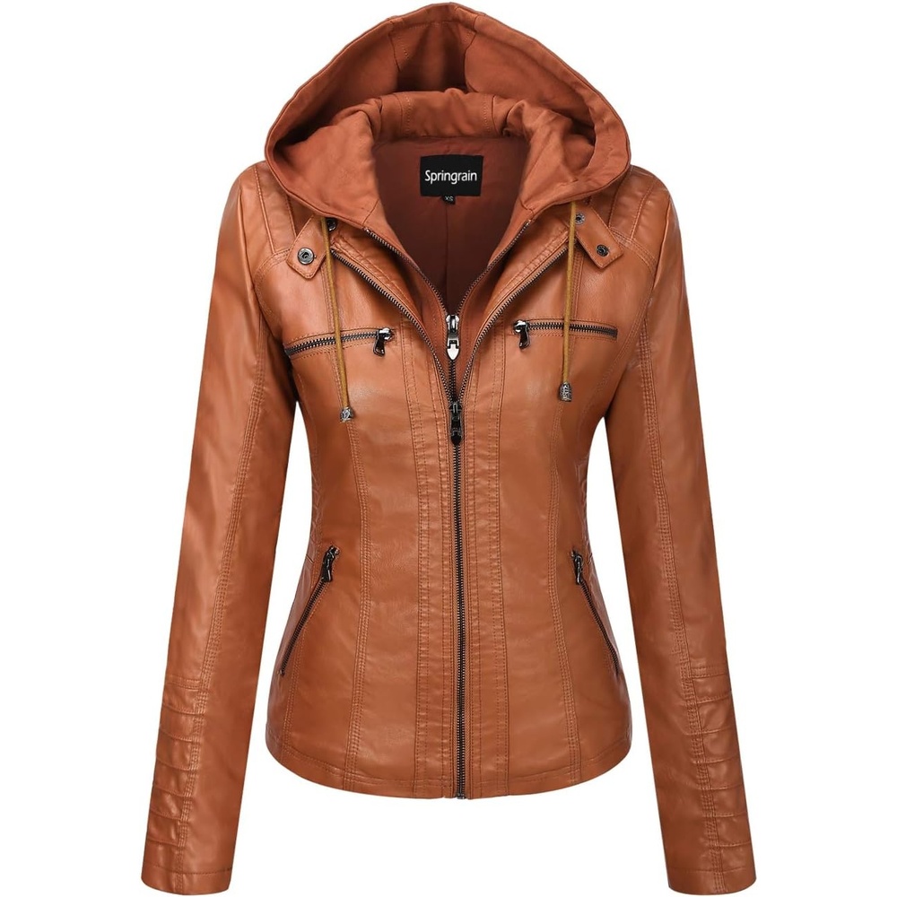image:imageSpringrain Womens Faux Leather Jacket Moto Biker Coat for Fall and WinterBrown