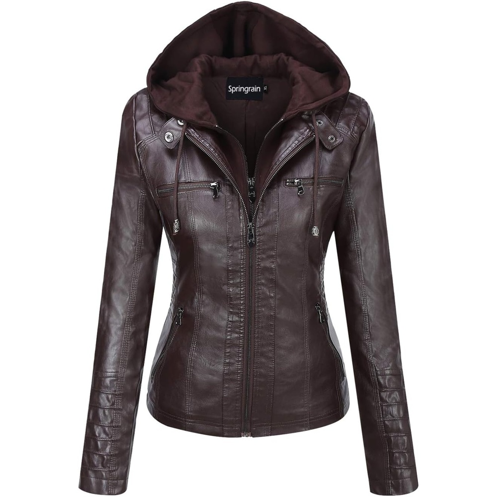 image:imageSpringrain Womens Faux Leather Jacket Moto Biker Coat for Fall and WinterCoffee
