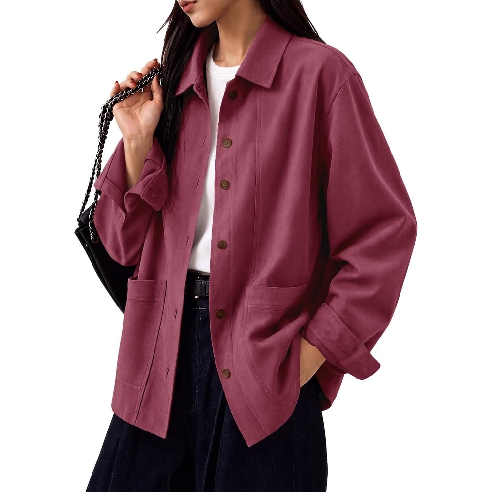image:imageTankaneo Womens Faux Suede Jackets Long Sleeve Fall Oversized CoatWine Red