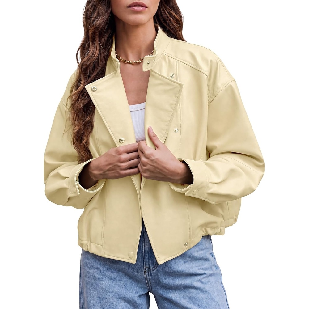 image:imageTankaneo Womens Oversized Faux Leather Jackets Motorcycle Cropped CoatsApricot