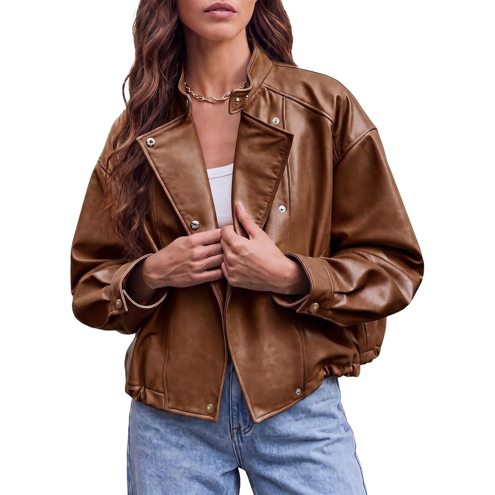 image:imageTankaneo Womens Oversized Faux Leather Jackets Motorcycle Cropped CoatsBrown