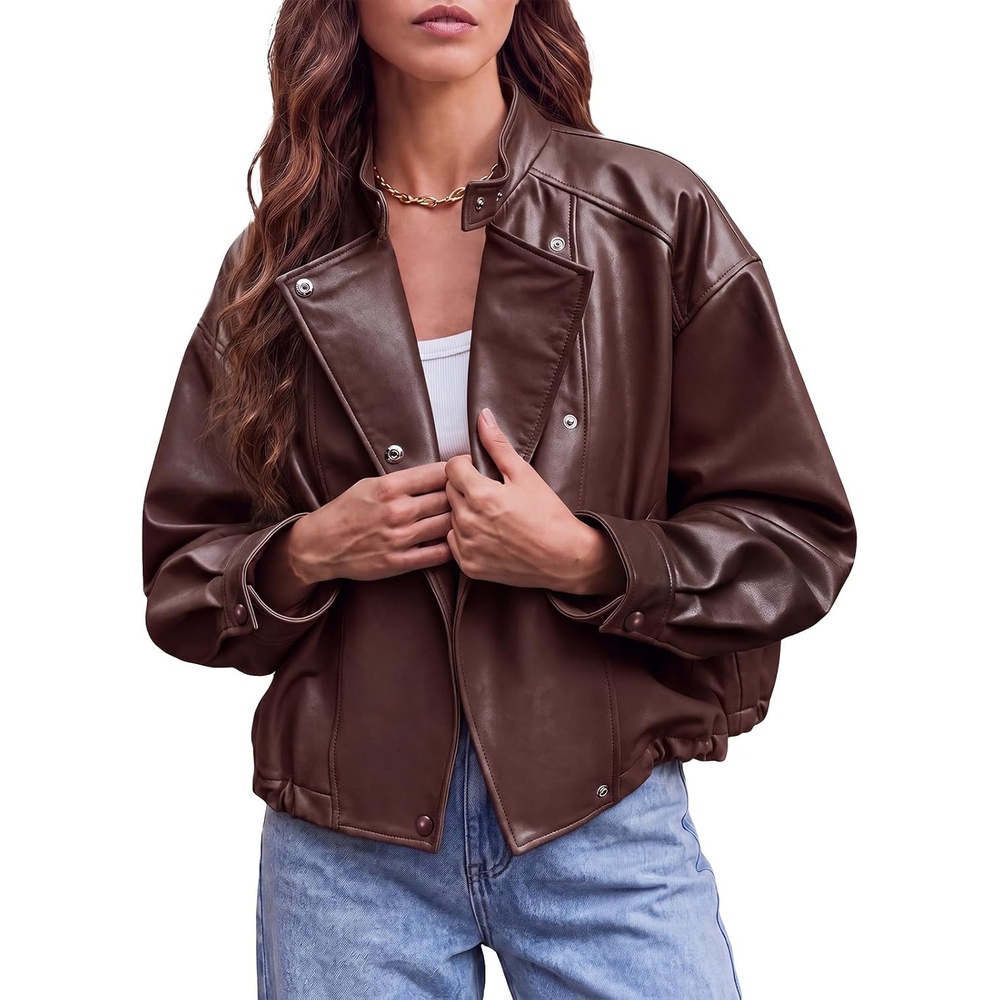 image:imageTankaneo Womens Oversized Faux Leather Jackets Motorcycle Cropped CoatsCoffee