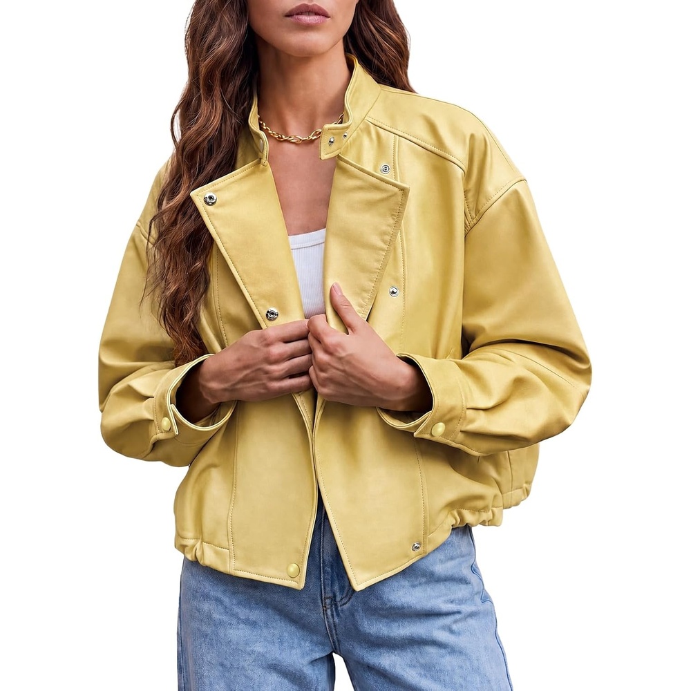 image:imageTankaneo Womens Oversized Faux Leather Jackets Motorcycle Cropped CoatsYellow