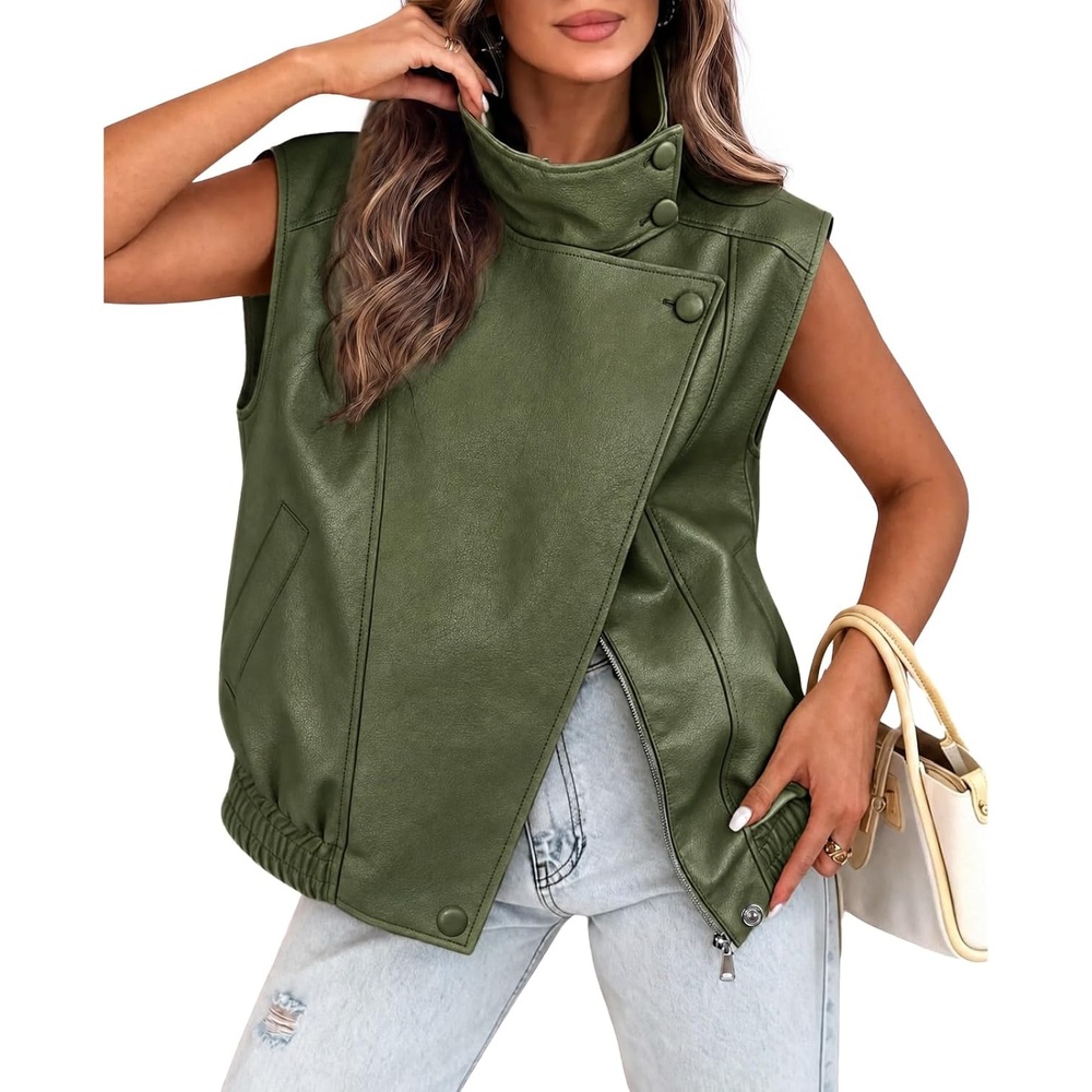 image:imageTankaneo Womens Oversized Faux Leather Vest Stand Collar Sleeveless JacketArmy Green