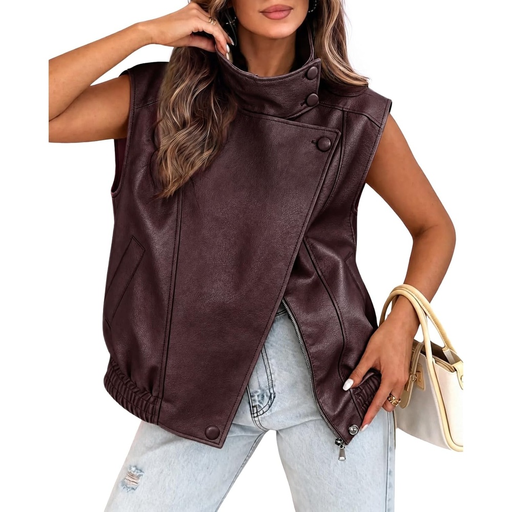 image:imageTankaneo Womens Oversized Faux Leather Vest Stand Collar Sleeveless JacketBurgundy