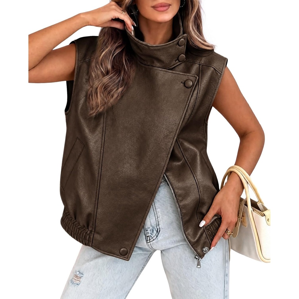 image:imageTankaneo Womens Oversized Faux Leather Vest Stand Collar Sleeveless JacketDark Brown