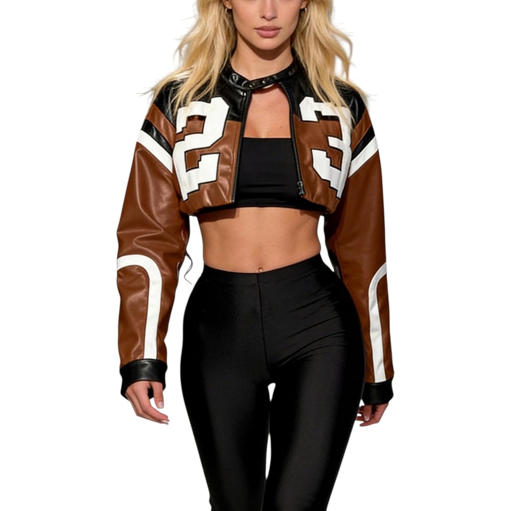 image:imageWomens Faux Leather Jacket Zip Up Cropped Bomber Jacket for Women Moto Motorcycle Jacket Winter OuterwearBrown