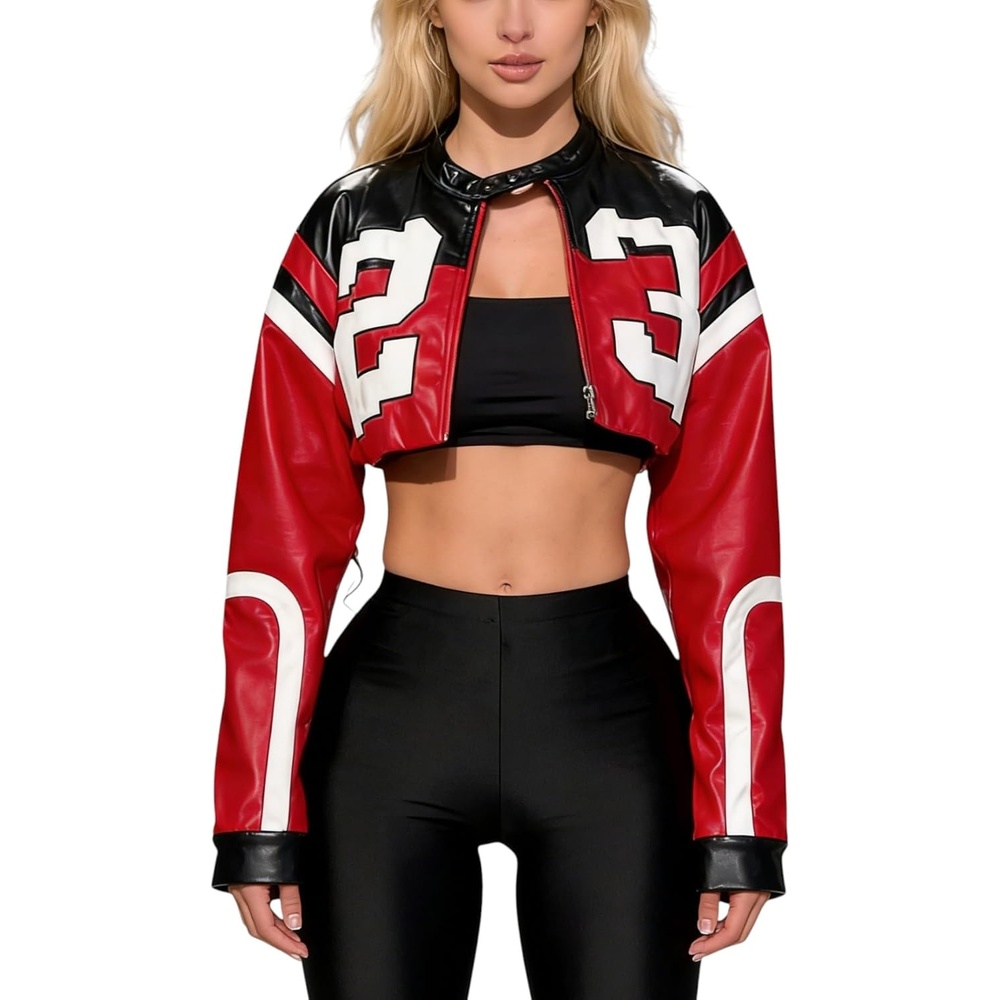 image:imageWomens Faux Leather Jacket Zip Up Cropped Bomber Jacket for Women Moto Motorcycle Jacket Winter OuterwearRed