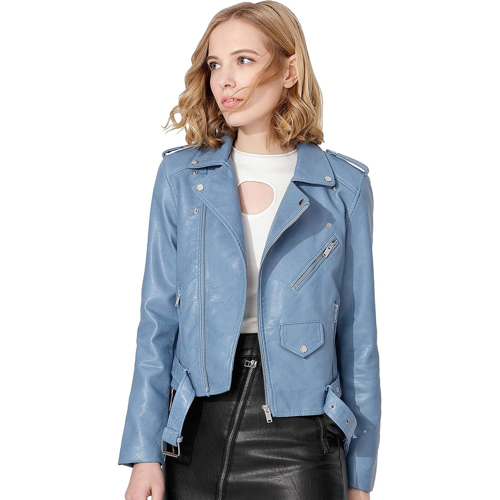 image:imageWomens Faux Leather Textured Short Moto Jacket Zipup Slim PU Biker Coat with PocketsLight Blue
