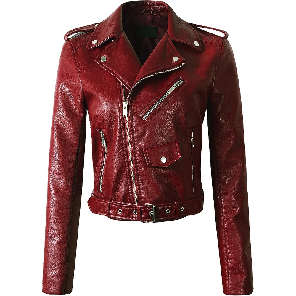 image:imageWomens Faux Leather Textured Short Moto Jacket Zipup Slim PU Biker Coat with PocketsWine