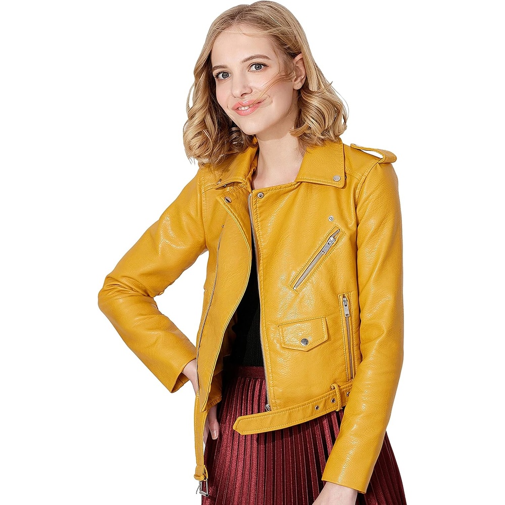 image:imageWomens Faux Leather Textured Short Moto Jacket Zipup Slim PU Biker Coat with PocketsYellow