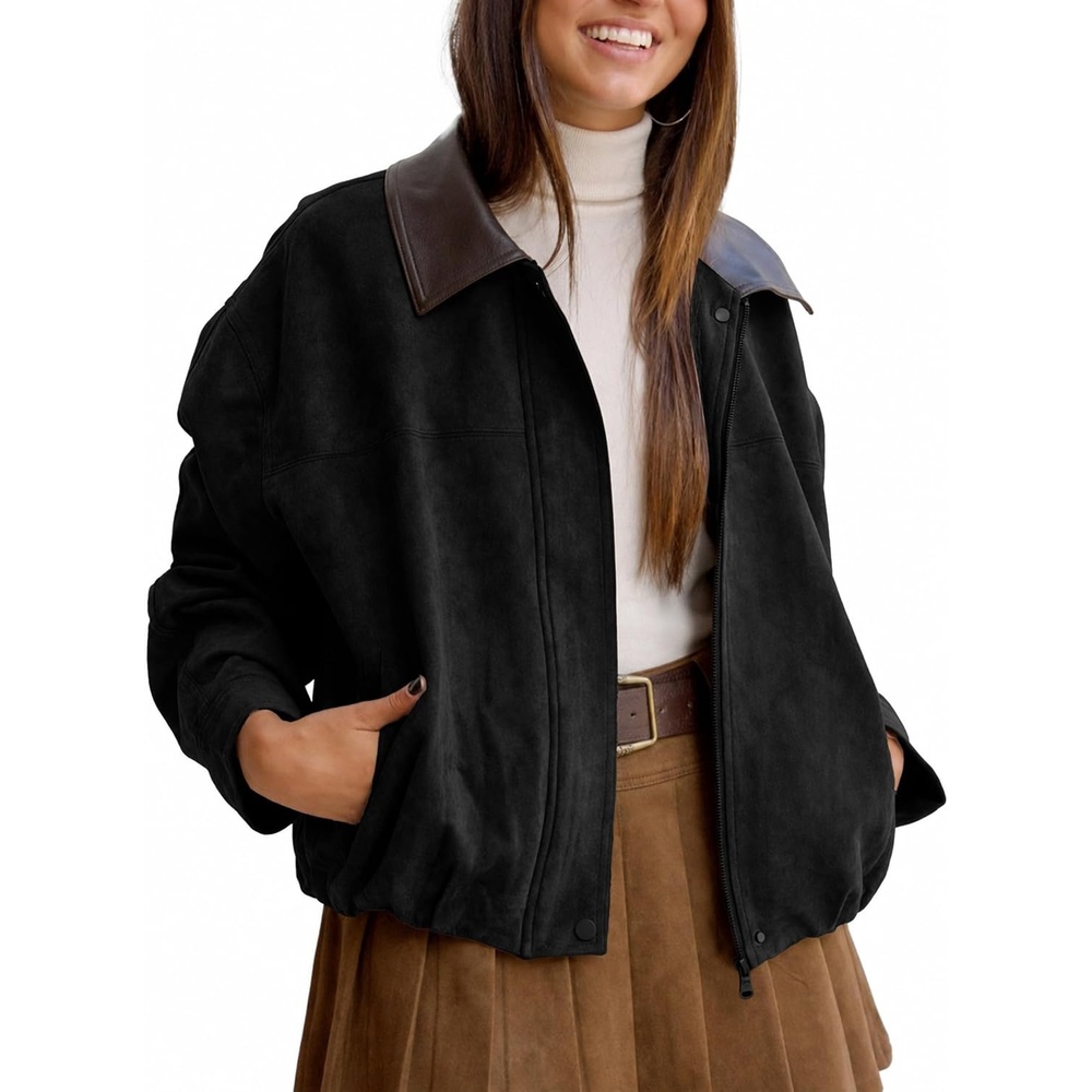 image:imageWomens Faux Suede Bomber Jacket Casual Lapel Pilot Cropped Jackets Oversized Motorcycle Zip Up Outerwear CoatsBlack