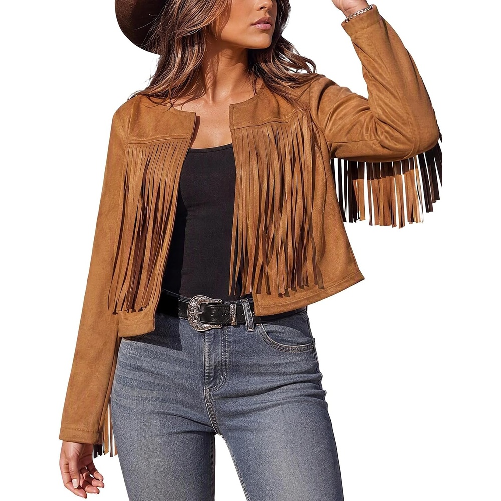 image:imageWomens Faux Suede Fringe Jacket Fall Cropped Coats Cowgirl OutfitsBrown