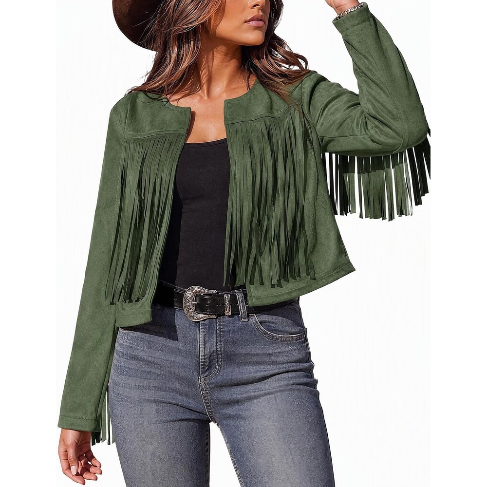 image:imageWomens Faux Suede Fringe Jacket Fall Cropped Coats Cowgirl OutfitsGreen