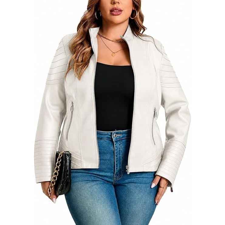 image:imageWomens Plus Size Faux Leather Zip Up Moto Jacket Fashion Coats 1X5XBeige