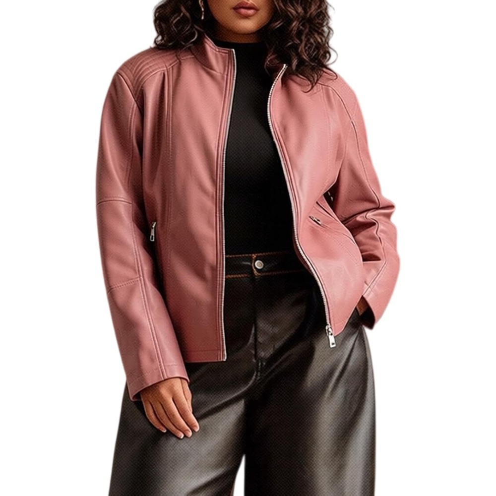 image:imageWomens Plus Size Faux Leather Zip Up Moto Jacket Fashion Coats 1X5XPink Pu Leather