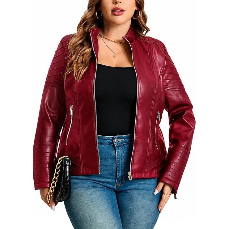 image:imageWomens Plus Size Faux Leather Zip Up Moto Jacket Fashion Coats 1X5XRed