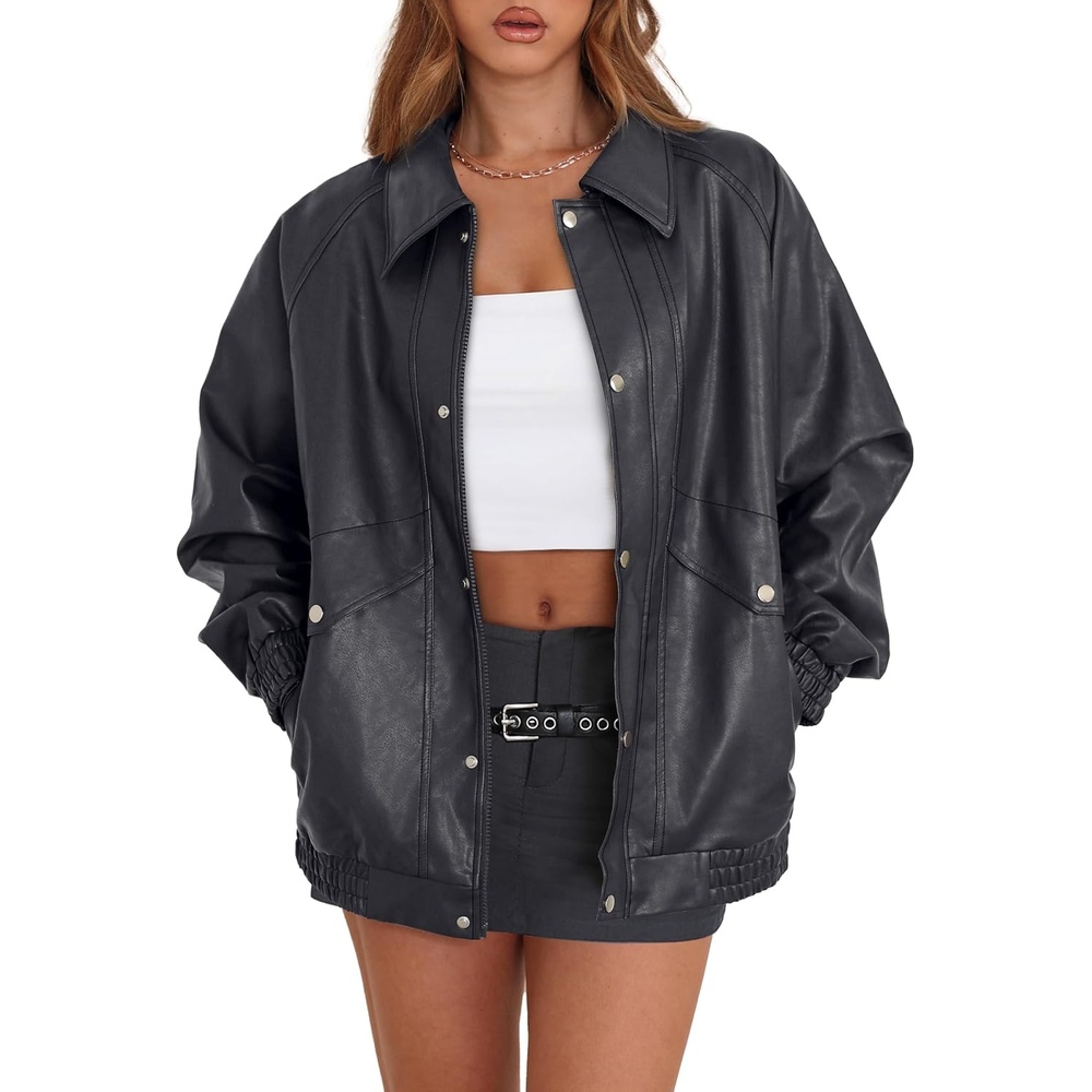 image:imageXIEERDUO Leather Jacket Women Fall Outfits 2026 Oversized Motorcycle Y2K Clothes Faux Leather Pocket Winter Coats Zip UpCharcoal Grey