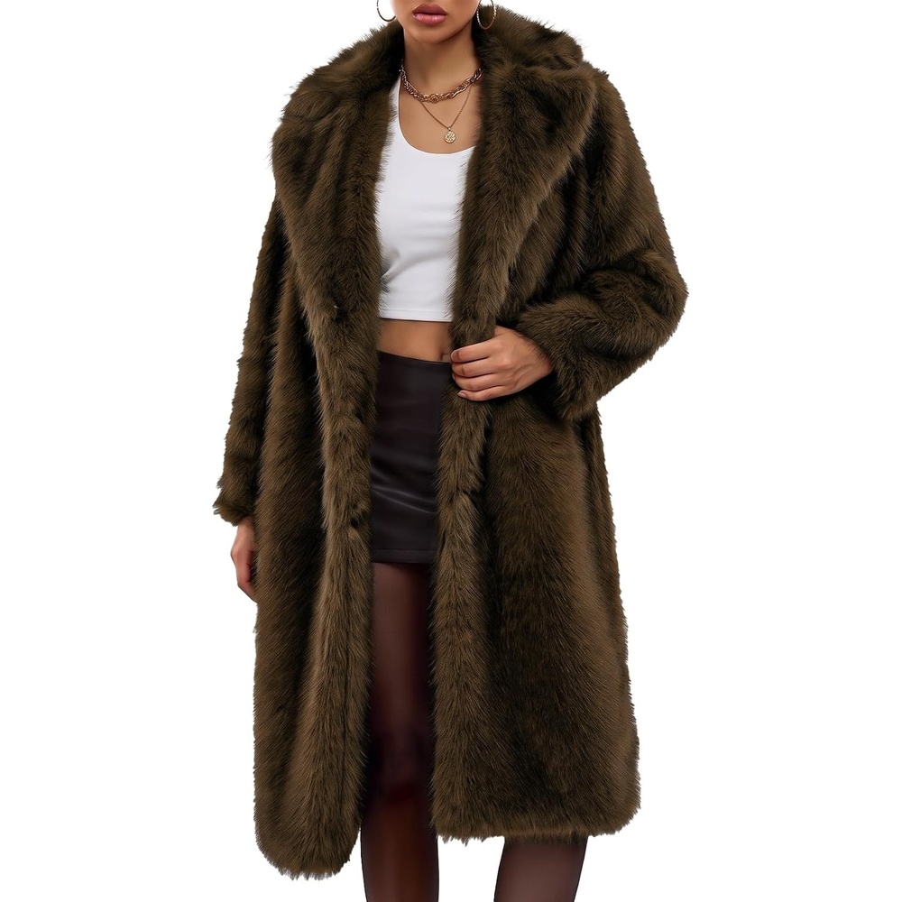image:imageYimoon Womens Faux Fur Coat Long Fluffy Lapel Furry Jacket Winter Warm CoatBrown