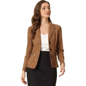 Allegra K Faux Suede Blazer for Women Lapel Collar Button Front Jacket(Light Brown)