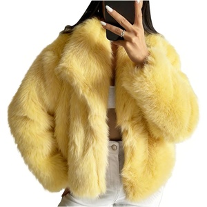 COZYPOIN Womens Faux Fur Jacket Fluffy Fur Coat Cropped Long Sleeve Lapel Button Down Fuzzy Winter Outerwear(Yellow)