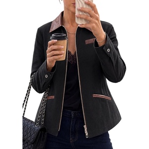 Cicy Bell Womens Cropped Barn Jackets Long Sleeve Zip Up Collared Coat(Black)