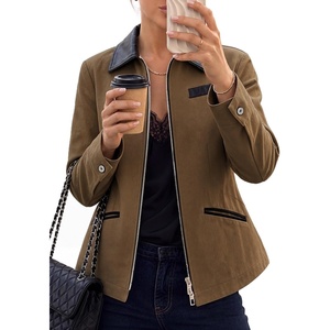 Cicy Bell Womens Cropped Barn Jackets Long Sleeve Zip Up Collared Coat(Coffee)
