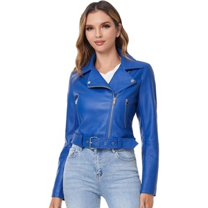 DIASHINY Women Faux Leather Jacket Slim Belted PU Moto Coat(036 Blue)