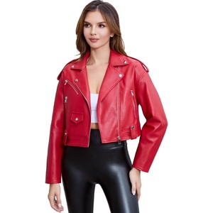 DIASHINY Women Faux Leather Jacket Slim Belted PU Moto Coat(127 Red)