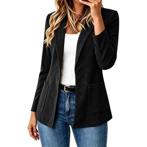 Faux Suede Blazer for Women 2026 Fall Lapel Collar Button Jackets Outerwear(Black)