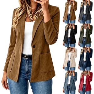 Faux Suede Blazer for Women 2026 Fall Lapel Collar Button Jackets Outerwear(Coffee)