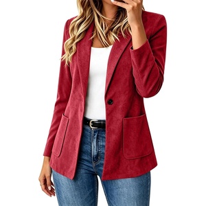 Faux Suede Blazer for Women 2026 Fall Lapel Collar Button Jackets Outerwear(Red)