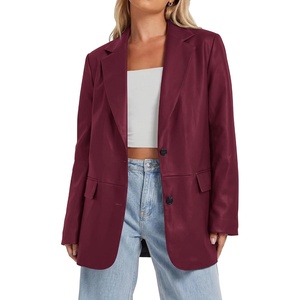 KIRUNDO Women’s Loose Soft Faux Leather Blazer Jacket with Flap Pockets(Burgundy)