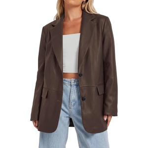 KIRUNDO Women’s Loose Soft Faux Leather Blazer Jacket with Flap Pockets(Dark Coffee)