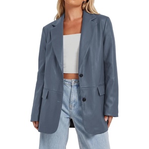 KIRUNDO Women’s Loose Soft Faux Leather Blazer Jacket with Flap Pockets(Dusty Blue)