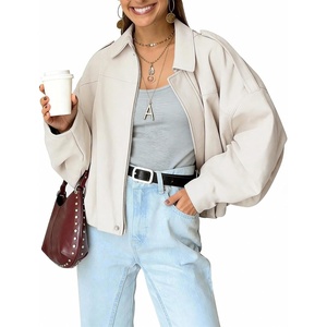 Kissonic Womens Faux Suede Bomber Jacket Oversized Long Sleeve Cropped Coat(Beige)