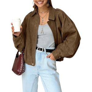 Kissonic Womens Faux Suede Bomber Jacket Oversized Long Sleeve Cropped Coat(Brown)