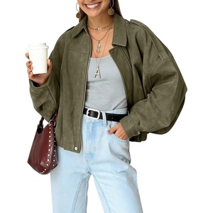Kissonic Womens Faux Suede Bomber Jacket Oversized Long Sleeve Cropped Coat(Green)