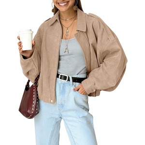 Kissonic Womens Faux Suede Bomber Jacket Oversized Long Sleeve Cropped Coat(Khaki)