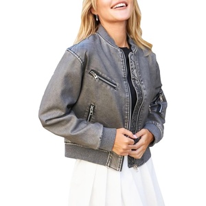 LY VAREY LIN Womens Faux Leather Varsity Jacket Biker Baseball Streetwear Casual Coat(2338grey)