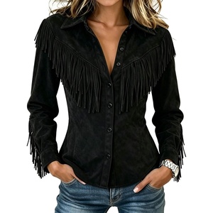 Nantdog Boho Jackets for Women Western Fringe Shacket Suede Barn Jackets(Black——1)