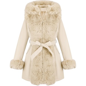 RISISSIDA Women Fur Lined Faux Leather Jacket Winter Coat(Beige)