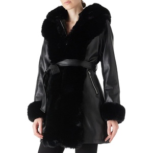 RISISSIDA Women Fur Lined Faux Leather Jacket Winter Coat(Black)