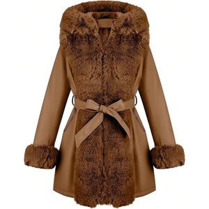 RISISSIDA Women Fur Lined Faux Leather Jacket Winter Coat(Camel)
