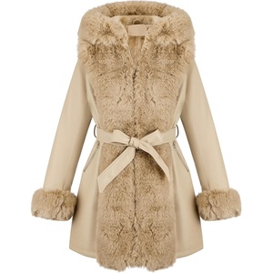 RISISSIDA Women Fur Lined Faux Leather Jacket Winter Coat(Khaki)