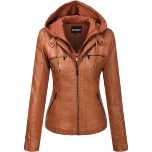 Springrain Women’s Faux Leather Jacket Moto Biker Coat for Fall and Winter(Brown)