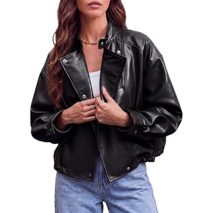 Tankaneo Womens Oversized Faux Leather Jackets Motorcycle Cropped Coats(Black)
