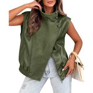 Tankaneo Womens Oversized Faux Leather Vest Stand Collar Sleeveless Jacket(Army Green)